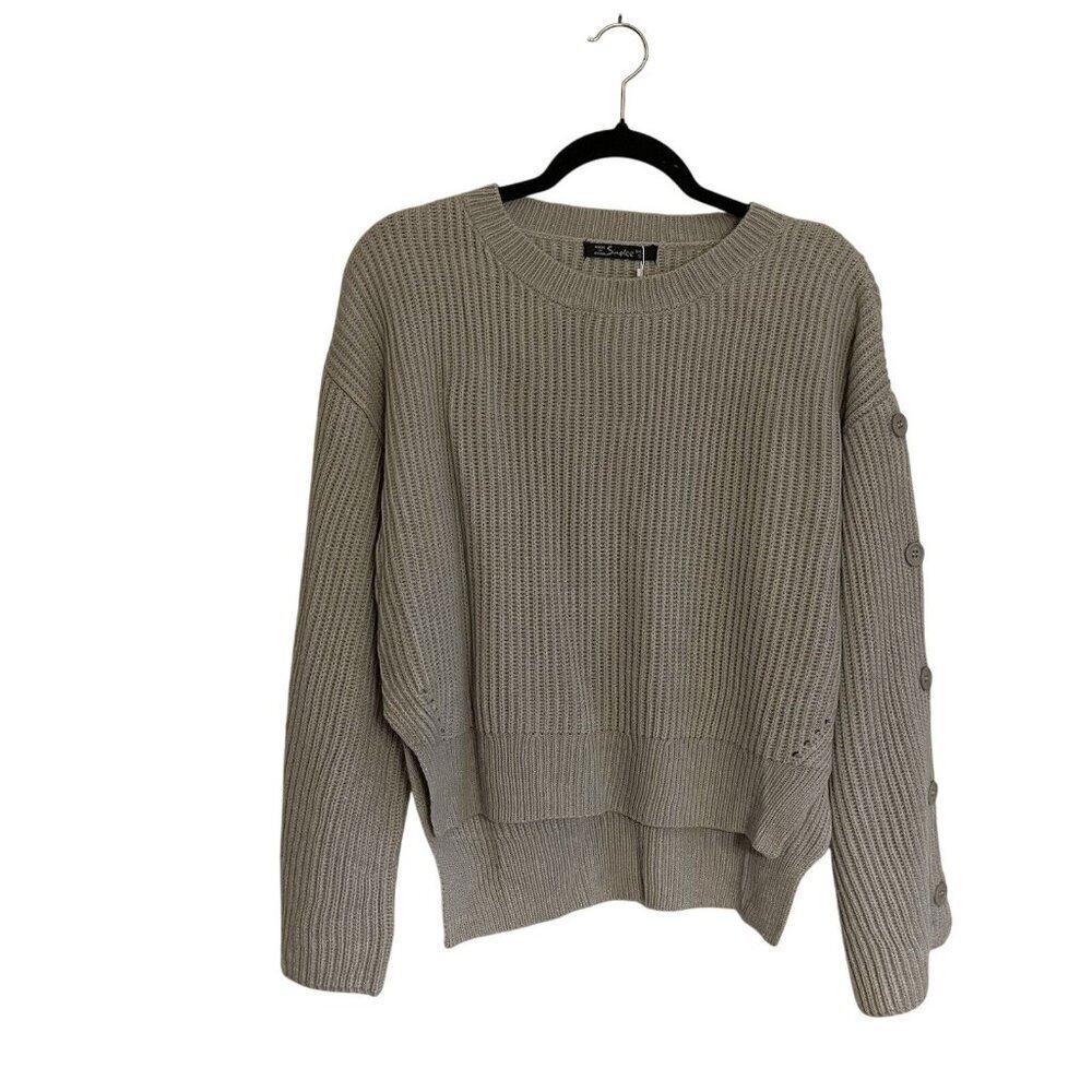 Simplee Women S Gray Knit Casual Button Sleeve Crew Neck High Low Sweater NWT